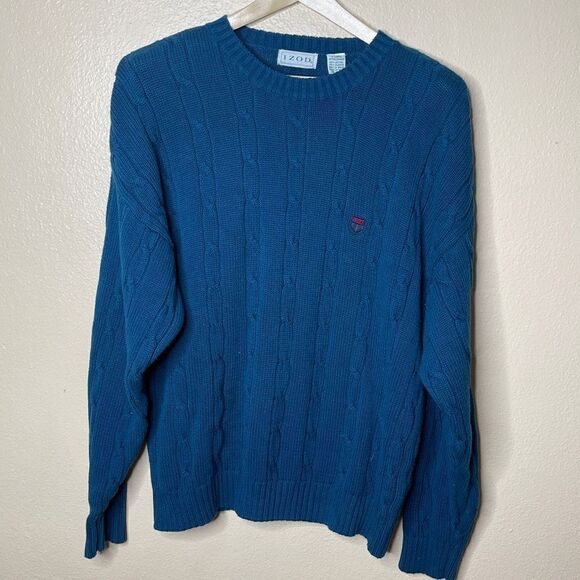 Vtg Izod Cable Knit Sweater Womens XL Blue Pullover Cotton Logo Comfort Clean